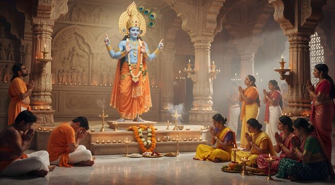 Devotees Offer Reverent Prayers to Divine Lord Krishna