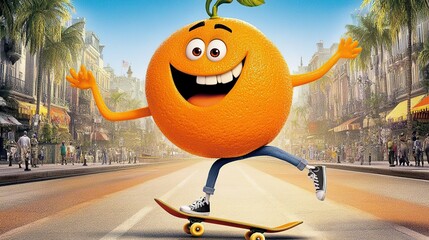Energetic Orange Cartoon Character Skating Down City Street on a Sunny Day