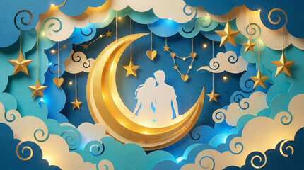 Romantic 3D Paper Cut Couple on Golden Moon with Stars and Copy Space
