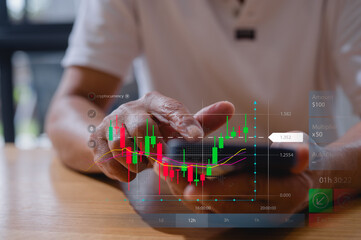 Investment stock market data analysis concept, Senior elderly man using smartphone analyst virtual trading graph, trading online, financial mobile application platform