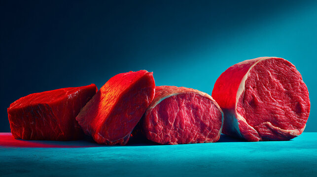Vintage ad w/ different types & cuts of beef, including round steaks, strip steaks, & roasts. The advertisement is in bright reds against a blue background, highlighting its high-quality meat products