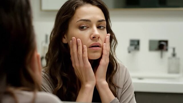 Woman examines her face in mirror, touching her forehead and temples with concern