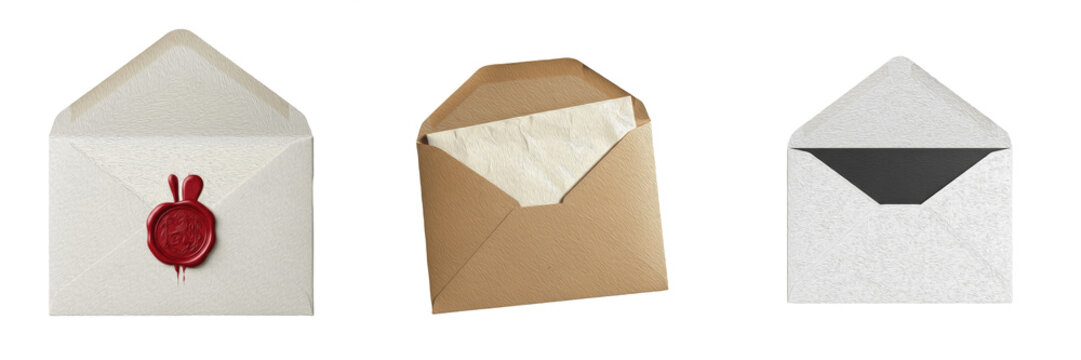 Set of various envelopes including vintage white with red wax seal, brown kraft paper and classic white mailer isolated on white background.