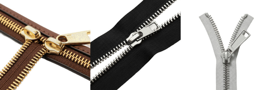 Set of high-quality metal and plastic zippers in various colors including black, brown and silver isolated on white background.