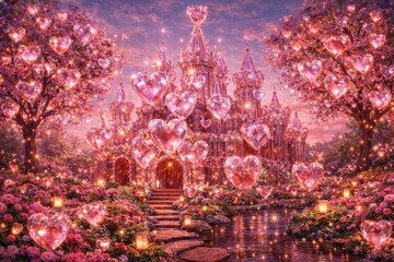 Obraz premium Magical Garden with Crystal Heart Trees Surrounding a Crystal Heart Castle