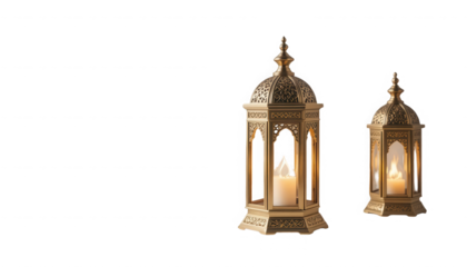Two ornate golden arabic style lanterns featuring glowing flickering electric candles sit ready for ramadan celebrations on transparent background