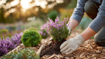 A person in garden gloves planting a purple heather plant with other blooming plants and a small green moss ball in the background