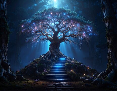 A mystical tree with glowing purple lights stands on a hill with a staircase leading to it