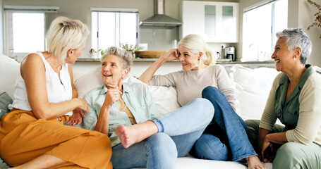 Smile, discussion and senior women in living room for bonding, reunion and together in home. Laugh,...