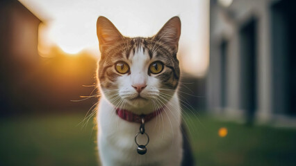 Domestic Cat Portrait at Sunset with Collar