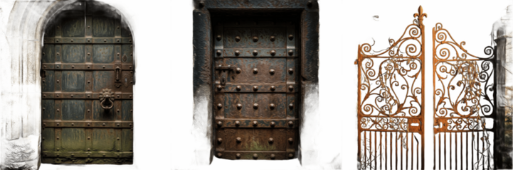 Set of ancient wooden doors with iron studs and vintage ornate wrought iron gate isolated on white background.