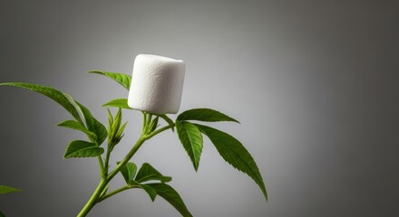 White Sugar Cube Balanced Precariously Atop a Green Leafy Plant Stem Against a Gray Background
