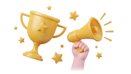 Golden trophy and megaphone with stars isolated on transparent background