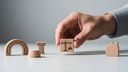 Building blocks for construction and real estate, person placing crane icon on wooden block