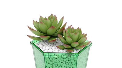 Two Green Succulents in a Hexagonal Green Pot with White Pebbles