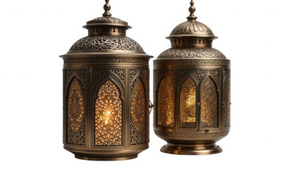 Two ornate antique bronze Arabic lanterns with glowing warm light illuminate the darkness on transparent background