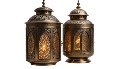 Two ornate antique bronze Arabic lanterns with glowing warm light illuminate the darkness on transparent background