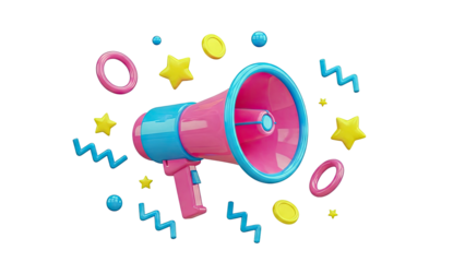 3D Pink and Blue Megaphone with Festive Elements