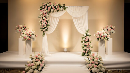 Beautiful wedding stage decorated with flowers and white curtain