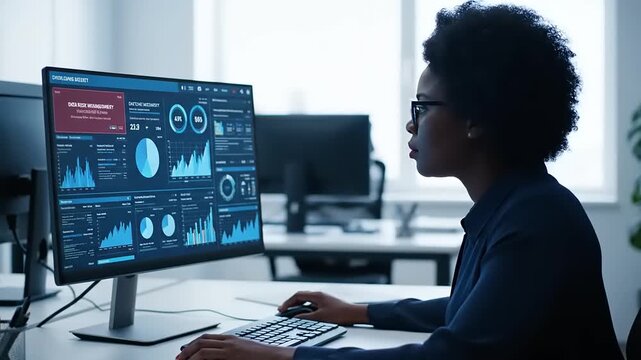 Businesswoman analyzing data on computer screen with charts and graphs in office