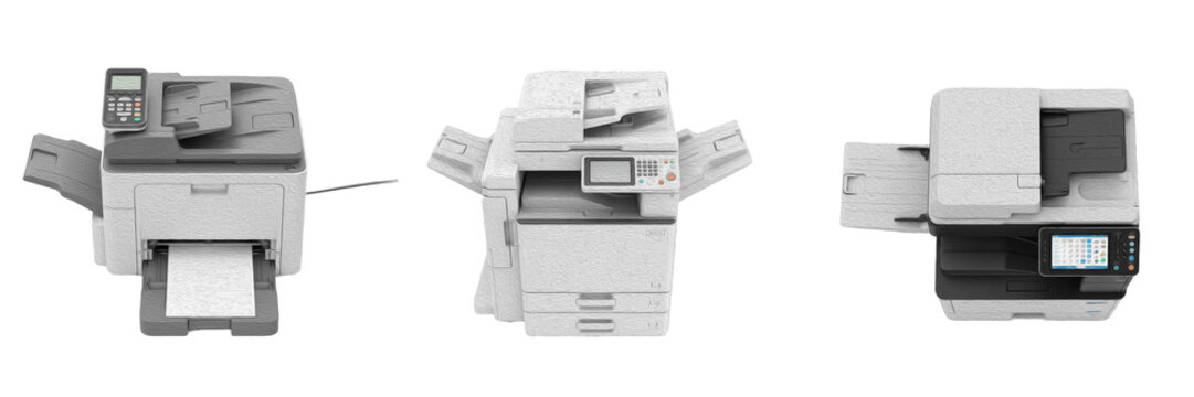 Set of Office Printers and Multifunction Devices Isolated on White Background
