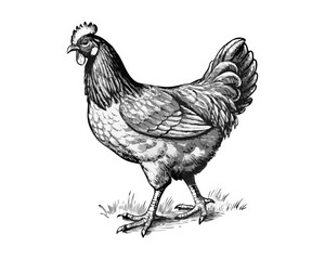 A vibrant red cockerel and domestic hen stand as isolated poultry livestock on a white background, showcasing their colorful feathers and beaks in a professional studio farm animal portrait