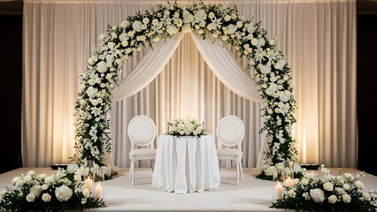 Elegant wedding arch decoration with white flowers and curtains