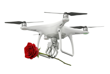 White quadcopter drone delivering red rose isolated. Romantic technology gift.