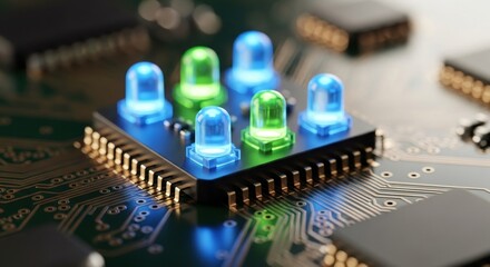 Blue and green LED lights glowing on a microchip. Electronic circuit board with futuristic light emitting diodes. Concept of advanced technology and digital innovation.