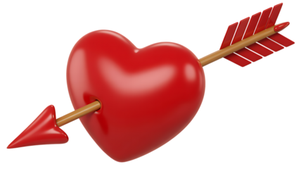 Red 3 D Heart Pierced by an Arrow with Red Fletching and Gold Shaft on transparent Background