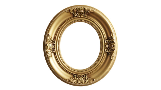 Golden ornate oval picture frame isolated on transparent background