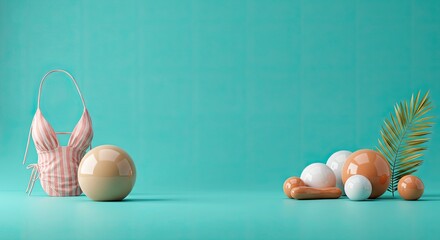 Easter Eggs in Baskets on Teal Background.