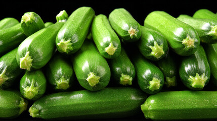 A neat stack of freshly harvested zucchinis, showcasing their vibrant green color and smooth, shiny skin, with varying sizes creating an attractive display