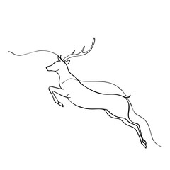 Vector illustration of a wild reindeer stag with a red ribbon and antlers isolated on white for a Christmas nature cartoon silhouette