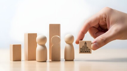 Hand placing a building block next to wooden figures and growth charts, symbolizing strategic urban planning and community development for sustainable cities
