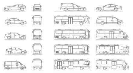 Urban Transport CAD Vector &ndash; Car, Bus, Minibus Line Drawings