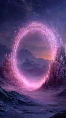 Glowing Pink Portal In Fantasy Landscape At Night
