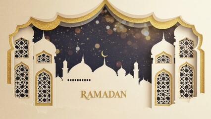 Ramadan Kareem Greeting Background with Mosque Silhouette and Golden Arches.