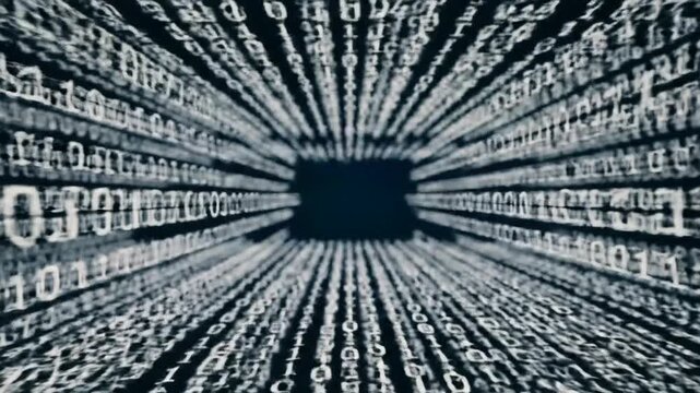 Digital data streams converging into a dark portal, symbolizing technology and information flow