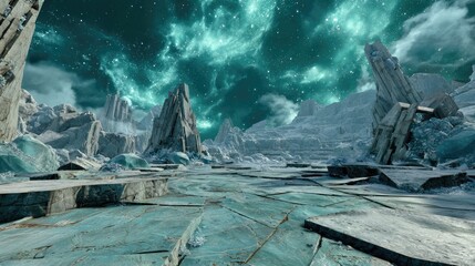 Alien Planet Landscape With Teal Gray Rocks And Aurora