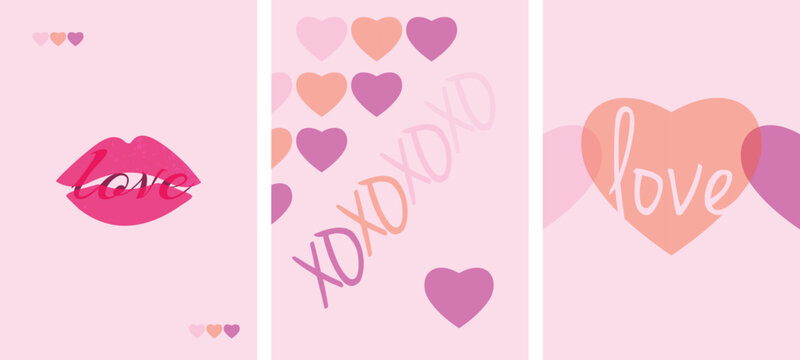 Colorful Minimal Valentine Card Vector Set with XO, Lips and Love Text