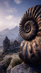 Ancient Ammonite Fossil On Mountain Landscape
