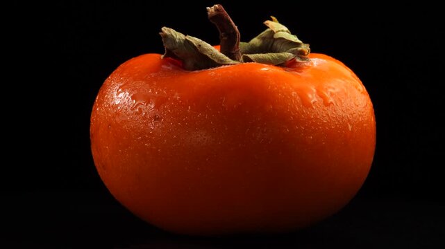 Single persimmon rotating on dark background. Fresh droplets of water on the fruit.