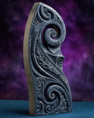 Dark Gray And Blue Tribal Sculpture With Intricate Patterns