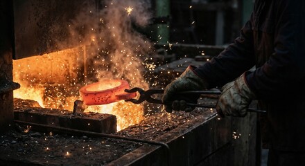In a foundry, a worker pours molten metal into a mold while sparks fly from the furnace during a late evening shift