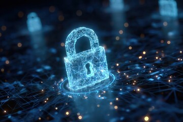 A glowing digital padlock surrounded by cybersecurity icons and network connections on a futuristic blue background
