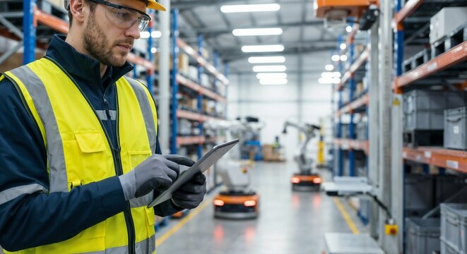 Worker checks data with tablet in a warehouse filled with robotic machines - Powered by Adobe