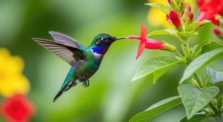 A vibrant hummingbird feeds on a red flower in a lush, green garden.