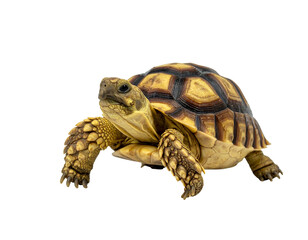 Solitary tortoise with patterned shell, poised on black background