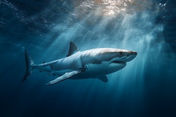 Fototapeta premium A fierce shark moving silently in deep blue water, its sleek body reflecting light beams from above 